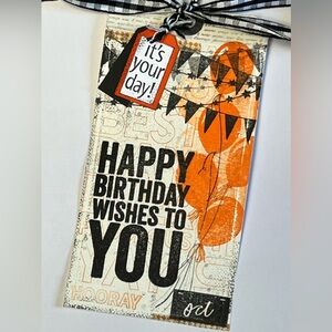 XL Birthday Greeting Gift Tag with Orange and Black Design 6 1/4” x 3 1/4”